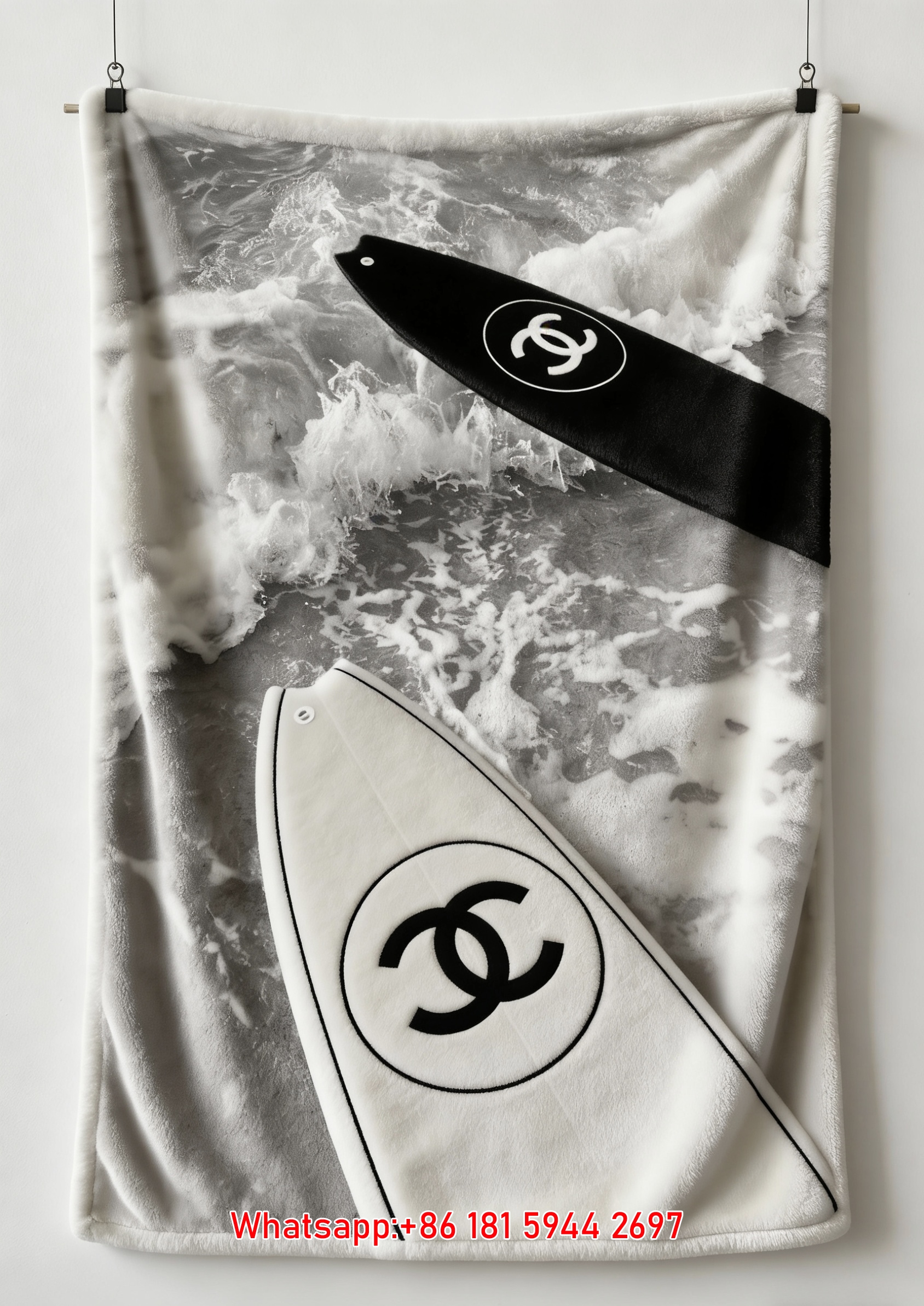 Luxury Chanel Surfboard Flannel Throw Blanket  Black & White Coastal Wave Print IMG_7192